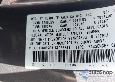 2016 Honda Accord Lx z USA, uszkodzony, nr VIN 1HGCR2F31GA036883
